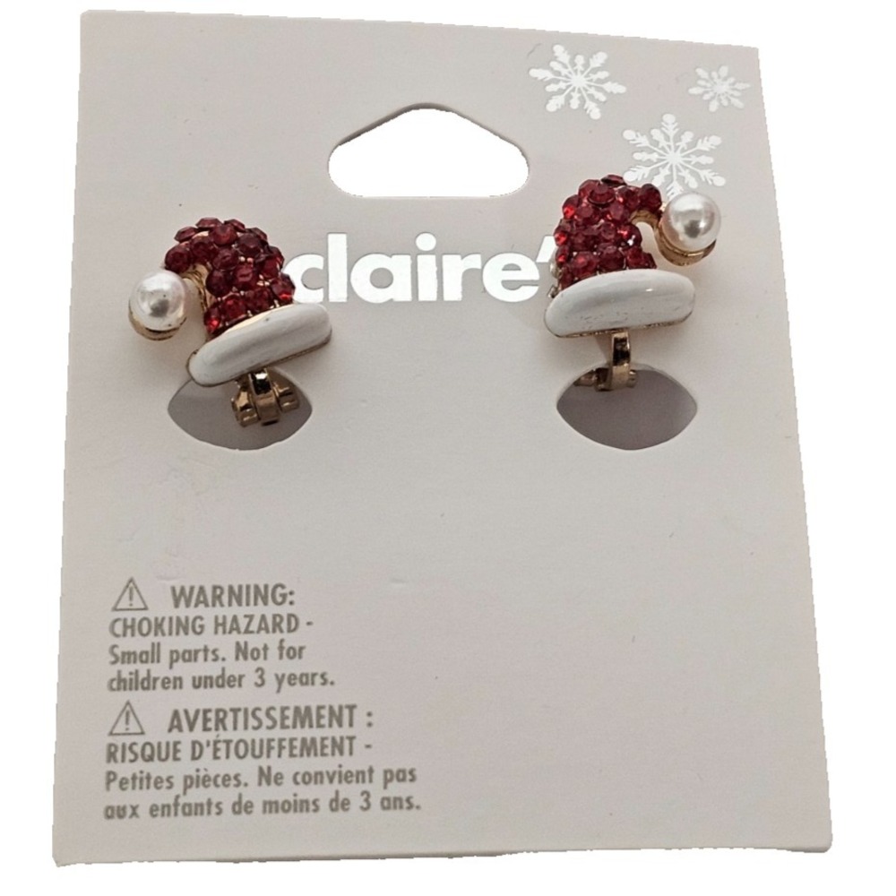Claire's Holiday Christmas Santa hat Rhinestone Pearl Earrings CLIP ON